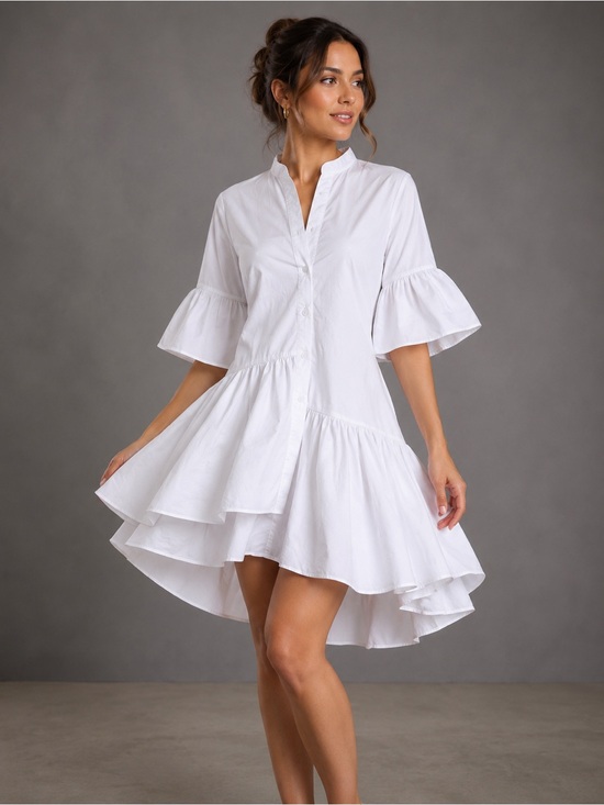 YH & Co Dresses & Skirts - Button Up Asymmetrical Tiered Smock Dress in White – Size S